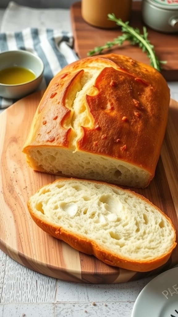 A golden brown loaf of no-knead bread sliced on a wooden board, showcasing its soft texture.
